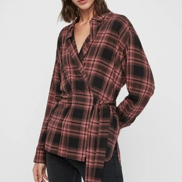 ALL SAINTS Miki Check Shirt Wrap Long Sleeve Top - Picture 1 of 7